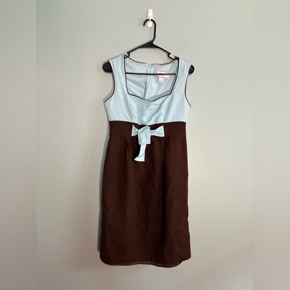 VTG Willow Glenn Blue and Brown Sleeveless Linen Blend Dress Coquette Sz 10